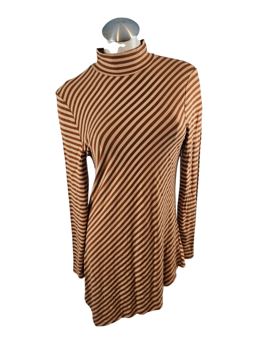 Chico's Size 1 M Asymmetrical Striped Brown and Cream Mock Neck Long-Sleeve Top